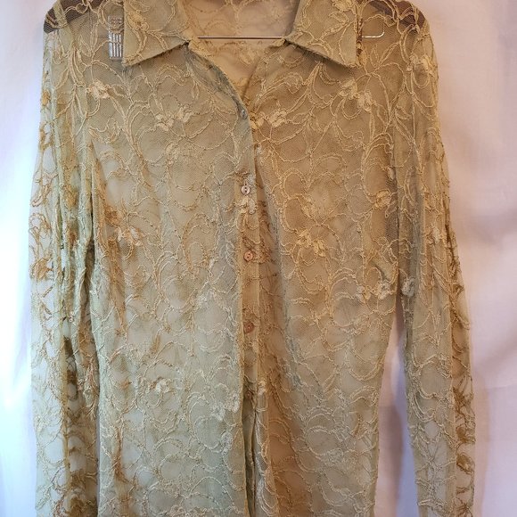 Unbranded Vtg Y2K Sage Green Collared Button Lace Mesh Dress Shirt Top S M 4 6 - Picture 2 of 10